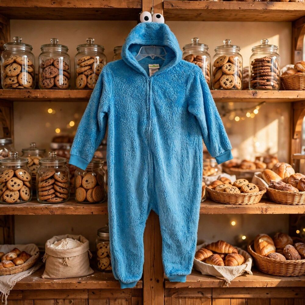 Sesame Street Cookie Monster Halloween Costume Plush Jumpsuit Kids Size 6 7 Boy